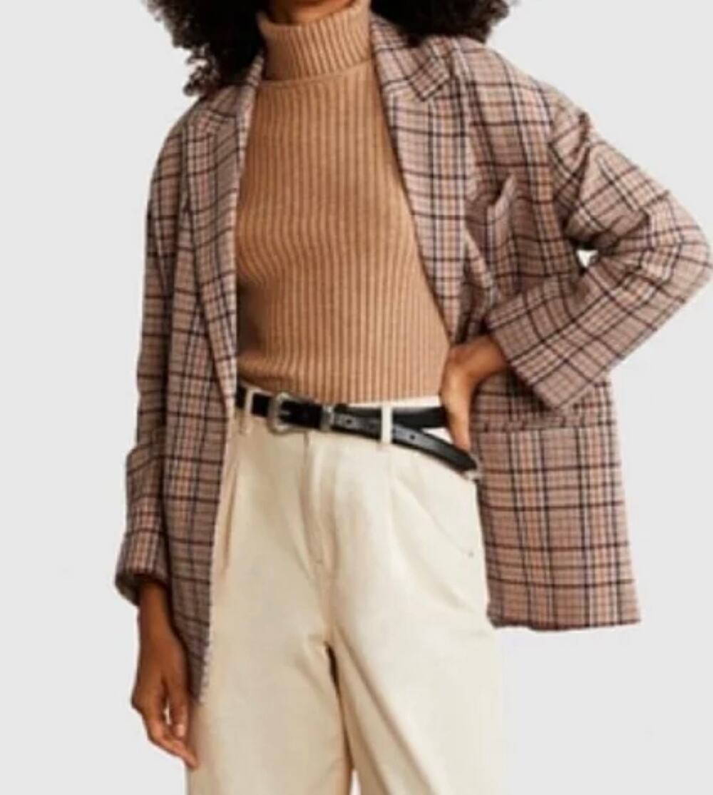 MANGO Plaid Blazer Women’s M Tan Neutral Double-Breasted Light Academia Fall
